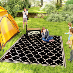 9' x 12' Reversible Outdoor RV Rug, Plastic Straw Rug for Camping, Deck, Beach, Black, Beige
