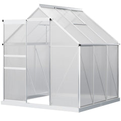 6' x 6' x 6.5' Polycarbonate Greenhouse with Aluminum Frame, Walk-in Heavy Duty Green House with Adjustable Roof Vent, Rain Gutter and Sliding Door for Winter, Silver