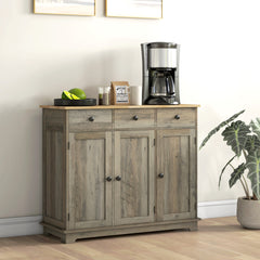 Kitchen Storage Cabinet, Sideboard Floor Cupboard with Solid Wood Top, Adjustable Shelf, and 3 Drawers, Distressed Gray