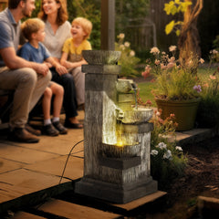 33.5" Water Fountain, 4-Tier Resin Cascading Bowls Outdoor Waterfall Fountain with LED Lights, Pump