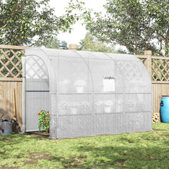 10' x 5' x 7' Outdoor Walk-In Greenhouse, Plant Nursery with Zippered Doors, PE Cover and 3 Wire Shelves, White