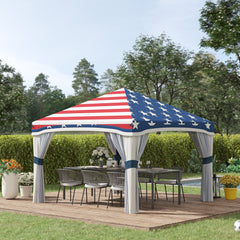 10' x 10' Pop Up Canopy Tent with Netting, Instant Tents for Parties, Height Adjustable, with Wheeled Carry Bag and 4 Sand Bags for Outdoor, Garden, Patio, American Flag