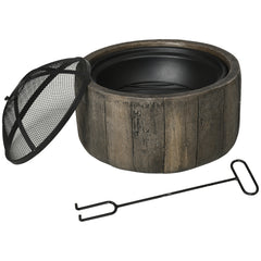 Outdoor Fire Pit, 18 Inch Metal Wood Burning Fireplace with Spark Cover, Poker, Woodgrain Design for Patio, Picnic, Backyard, Dark Brown