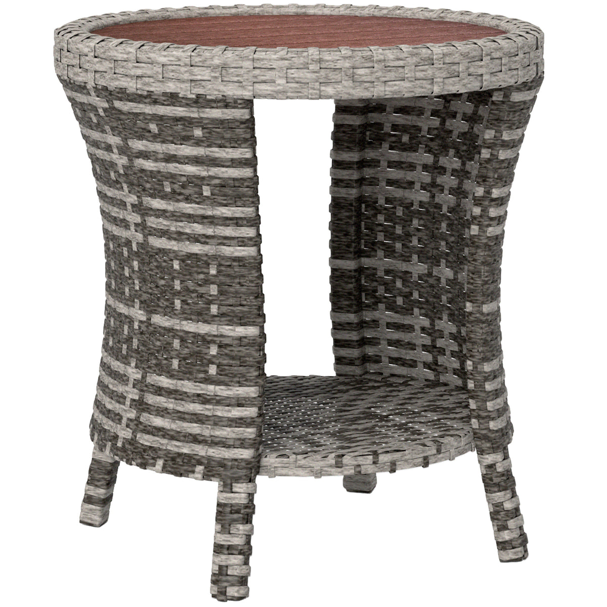 18" Wicker Outdoor Coffee Table, PE Rattan Patio Side Table with 2-Tier Storage, Composite Wood Top, Mixed Gray