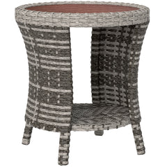 18" Wicker Outdoor Coffee Table, PE Rattan Patio Side Table with 2-Tier Storage, Composite Wood Top, Mixed Gray