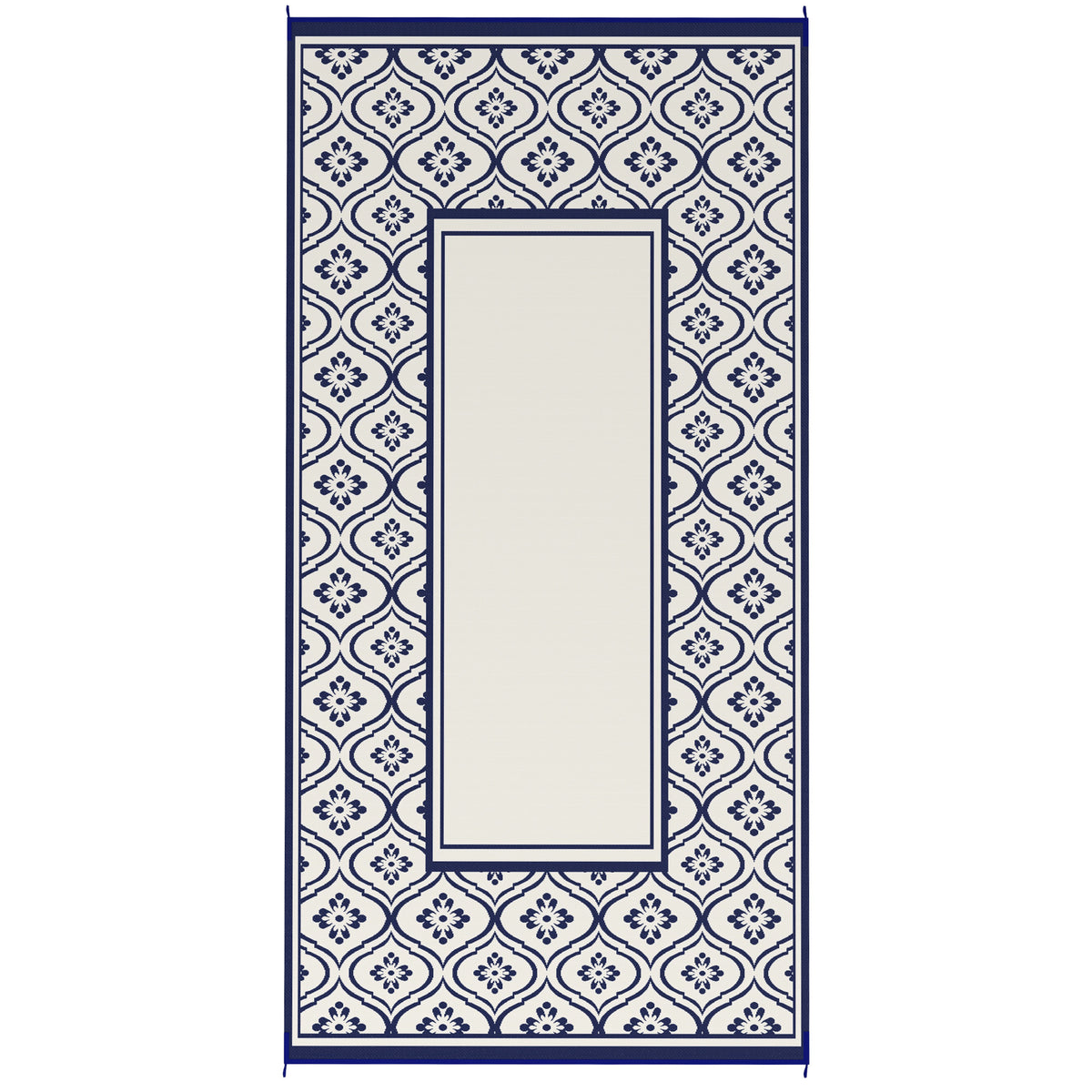 Reversible Outdoor Rug, Waterproof Plastic Straw with Carry Bag, 9' x 18', Blue & White Gourd Border