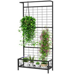 Metal Tall Plant Stand with Trellis and Hanging Bar, Plant Holder for Indoor Outdoor Use, 35" x 12.8" x 74", Black