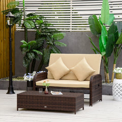 Patio Rattan Daybed with Cushions, Wicker Outdoor Bed Lounger w/ Loveseat, Storage Ottoman, Coffee & Side Tables, for Poolside, Porch, Backyard, Beige