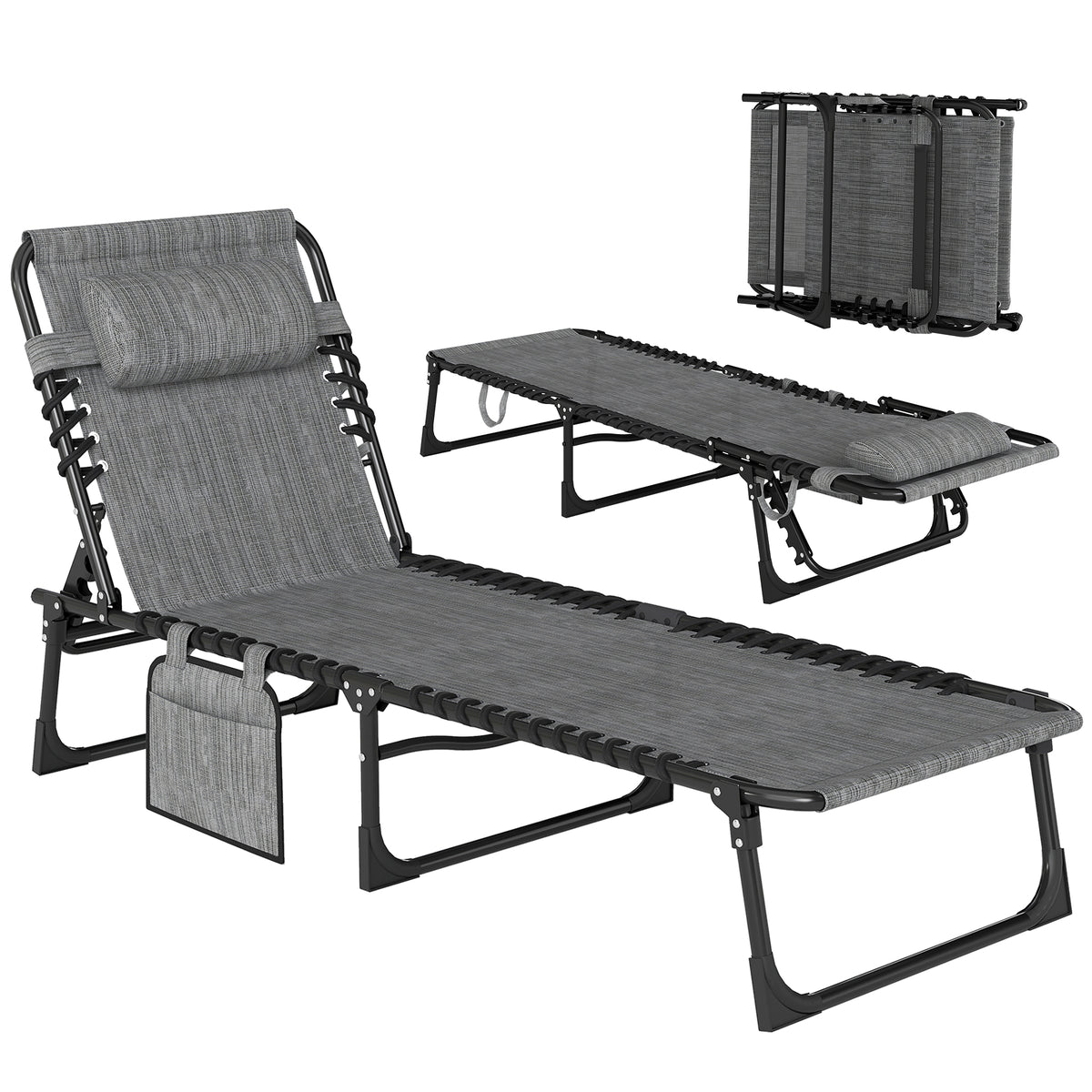 Chaise Lounge Chair Outdoor, 5-Position Adjustable Sun Tanning Chair with Carrying Handle and Side Pocket, Folding Bed Cot with Removable Pillow for Garden, Beach, Patio, Pool, Camp, Gray