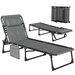 Chaise Lounge Chair Outdoor, 5-Position Adjustable Sun Tanning Chair with Carrying Handle and Side Pocket, Folding Bed Cot with Removable Pillow for Garden, Beach, Patio, Pool, Camp, Gray