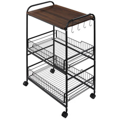 3 Tier Rolling Kitchen Cart with Storage, Kitchen Island Cart on Wheels with 2 Sliding Fruit Basket, Microwave Cart with Side Hooks for Dining Room, Walnut