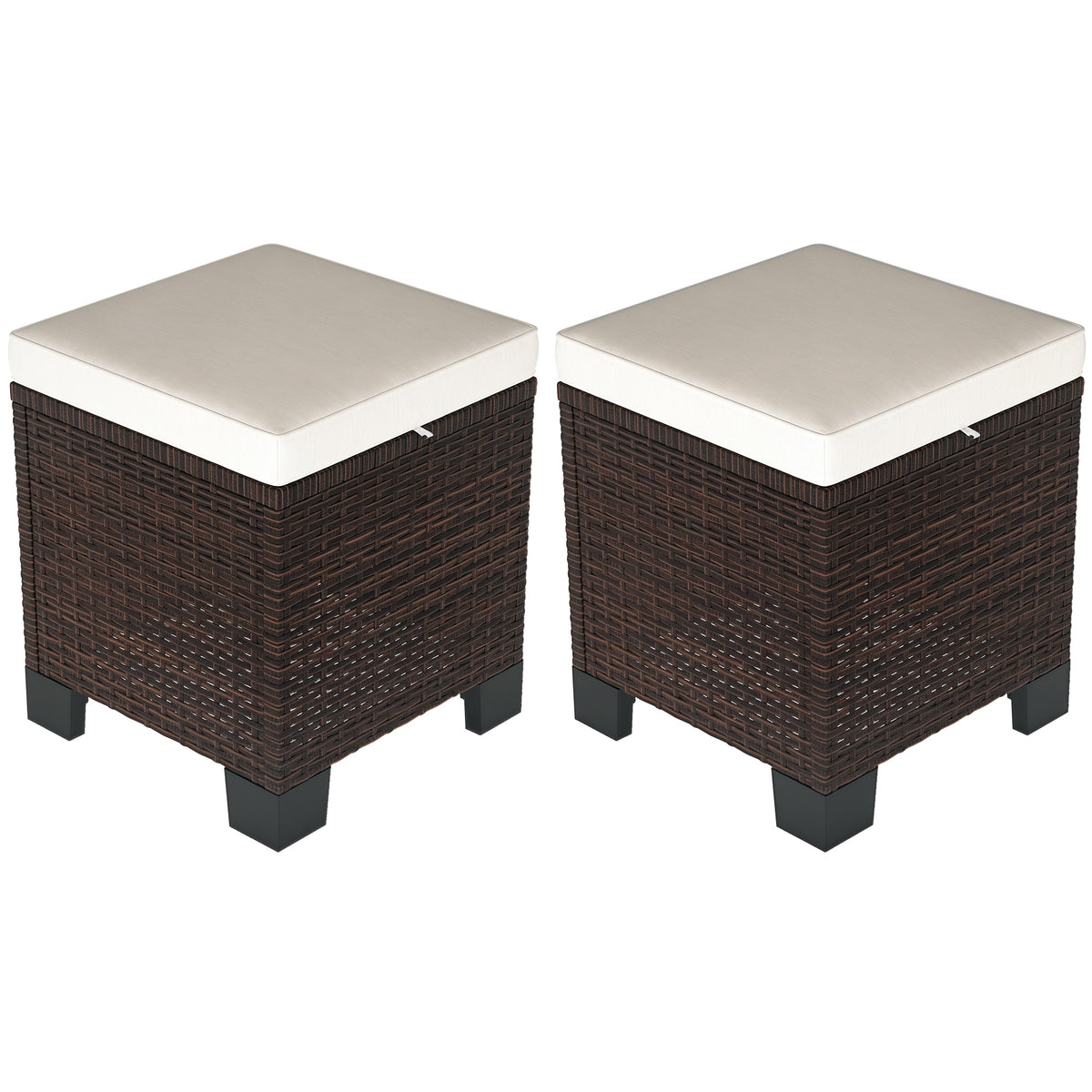 2 Piece Wicker Outdoor Ottomans with Cushions, Rattan Ottoman Footrest and Side Table for Patio, Yard, Poolside, Beige