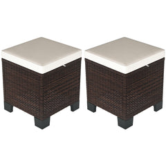 2 Piece Wicker Outdoor Ottomans with Cushions, Rattan Ottoman Footrest and Side Table for Patio, Yard, Poolside, Beige