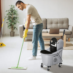 9.5 Gallon (38 Quart) Mop Bucket with Wringer Cleaning Cart, 4 Moving Wheels, Mop-Handle Holder & 2 Separate Buckets, Gray