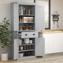 72" Traditional Kitchen Pantry Cabinet, Freestanding Tall Storage Cabinet with 4 Doors, Drawer and 3 Adjustable Shelves for Dining Room, Gray