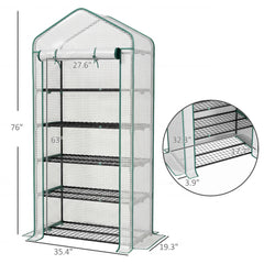 5 Tier Mini Greenhouse, Small Portable Greenhouse with PE Cover, Roll-Up Zippered Door, 76" x 35.4" x 19.3", White