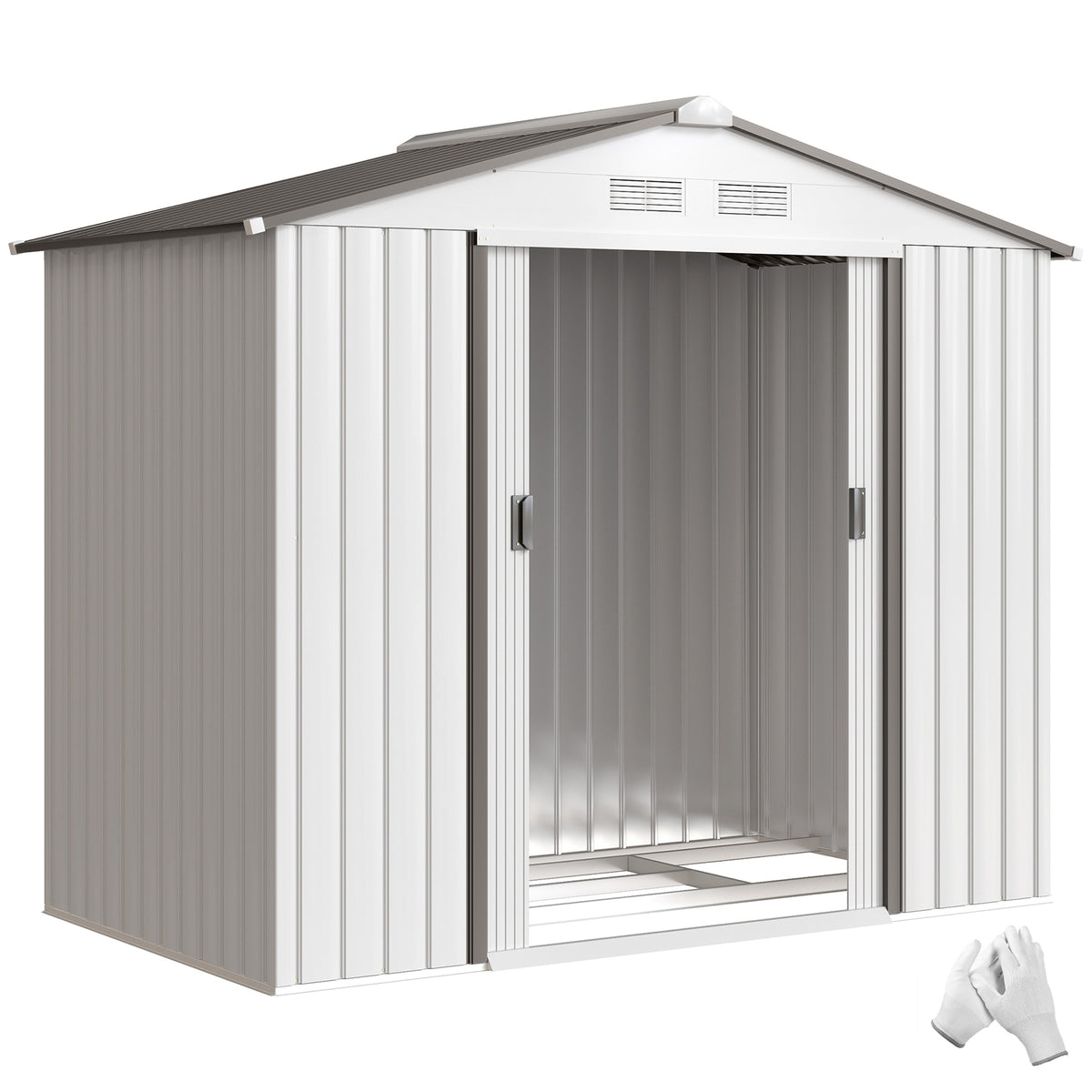 7' x 4' Outdoor Storage Shed, Garden Tool House w/ Foundation Kit Vents & Sliding Doors for Backyard Patio, White