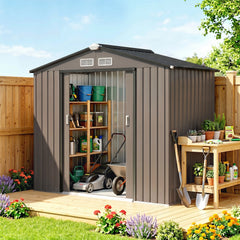 7' x 4' Outdoor Storage Shed, Garden Tool House w/ Foundation Kit Vents & Sliding Doors for Backyard Patio, Brown