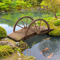 3.3ft Wooden Garden Bridge Arc Footbridge with Half-Wheel Style Railings & Solid Fir Construction, Stained Wood