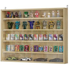 5-Tier Display Cabinet, Wall-Mounted Display Case with 2 Glass Doors and Adjustable Shelves, Oak