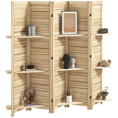 5 Panel 67" Tall Wood Privacy Screen Room Divider with 3 Shelves and Folding Storage for Bedroom, Natural Wood