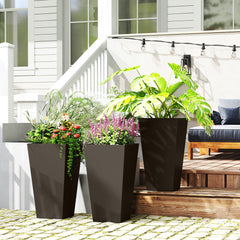 28" Tall Garden Plastic Flower Pot, Set of 3, Large Outdoor & Indoor, Brown