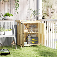 Outdoor Storage Cabinet, Garden Tool Shed with Metal Tabletop, Shelf, Wooden Potting Bench with 2 Doors, Natural Wood