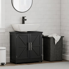 Farmhouse Pedestal Sink Storage Cabinet, Bathroom Sink Cabinet with 2 Barn Doors and Adjustable Shelf, Distressed Black