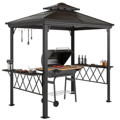 Outside Porch BBQ Cooking Pergola Canopy with 6 Hooks for Utensils and Double Venting Roof, Coffee