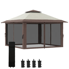 13' x 13' Pop Up Gazebo Instant Canopy Tent Shelter with 2-Tier Roof, Carry Bag, Wight Bags for Outdoor, Garden, Beige