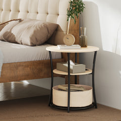 Round Side Table with Charging Station, 3-Tier End Table with Fabric Storage Bag and Shelf, Natural Wood