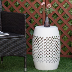 12" Steel Outdoor Side Table, Round Hollow Drum Patio End Table, Accent Table for Indoor and Outdoorr, White