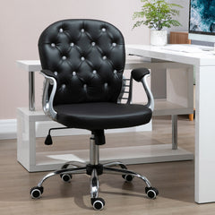 PU Leather Home Office Chair, Button Tufted Desk Chair with Padded Armrests, Adjustable Height and Swivel Wheels, Black