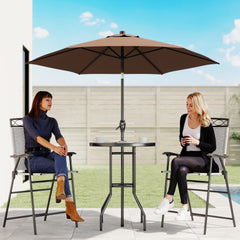 4 Piece Outdoor Bar Set with Umbrella, Patio Dining Set with 2 Folding Chairs, Wave Textured Tempered Glass Table for Backyard, Garden, Deck, Poolside, Beige