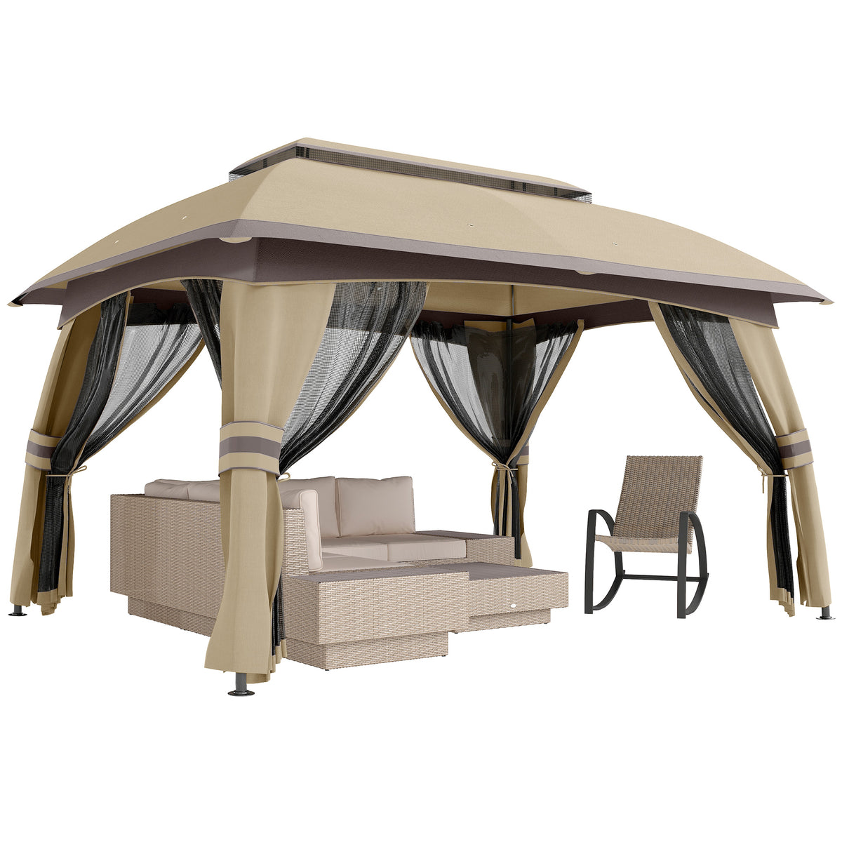 10' x 13' Patio Gazebo, Outdoor Gazebo Canopy Shelter with Netting, Vented Roof for Garden, Beige
