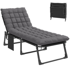 Folding Chaise Lounge Chair Outdoor Tanning Chair with 5-Position Backrest, Cushion, Side Pocket, Dark Gray