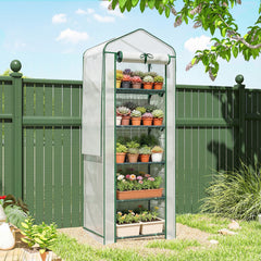 Mini Greenhouse with Screen Roof, 5 Tier Portable Small Greenhouse with High Strength PE Cover, White