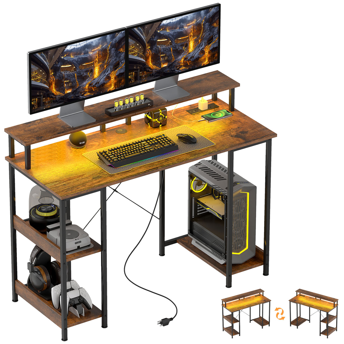 Computer Desk with Storage, 47" Reversible Computer Table with Power Outlets and LED Lights, Rustic Brown
