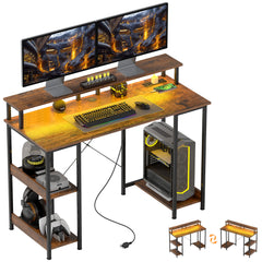Computer Desk with Storage, 47" Reversible Computer Table with Power Outlets and LED Lights, Rustic Brown