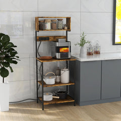 Kitchen Bakers Rack with Power Outlet, USB Charger, Microwave Stand, Coffee Bar with Adjustable Shelves, 5 Hooks for Spices, Pots and Pans, Rustic Brown