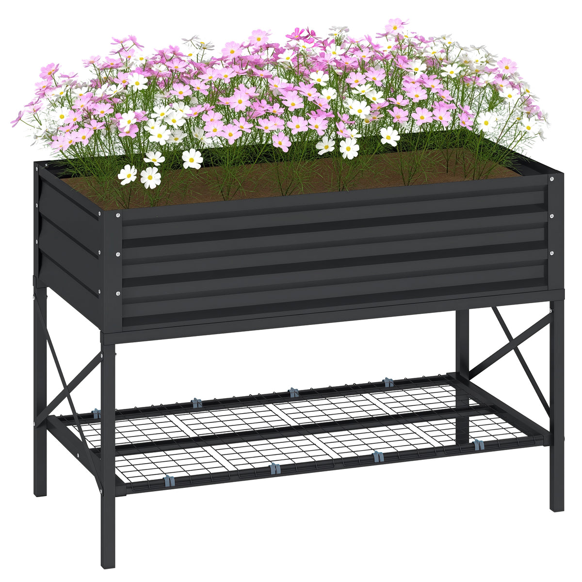 Galvanized Raised Garden Bed, Metal Planter Box with Legs, Storage Shelf and Bed Liner, Dark Gray