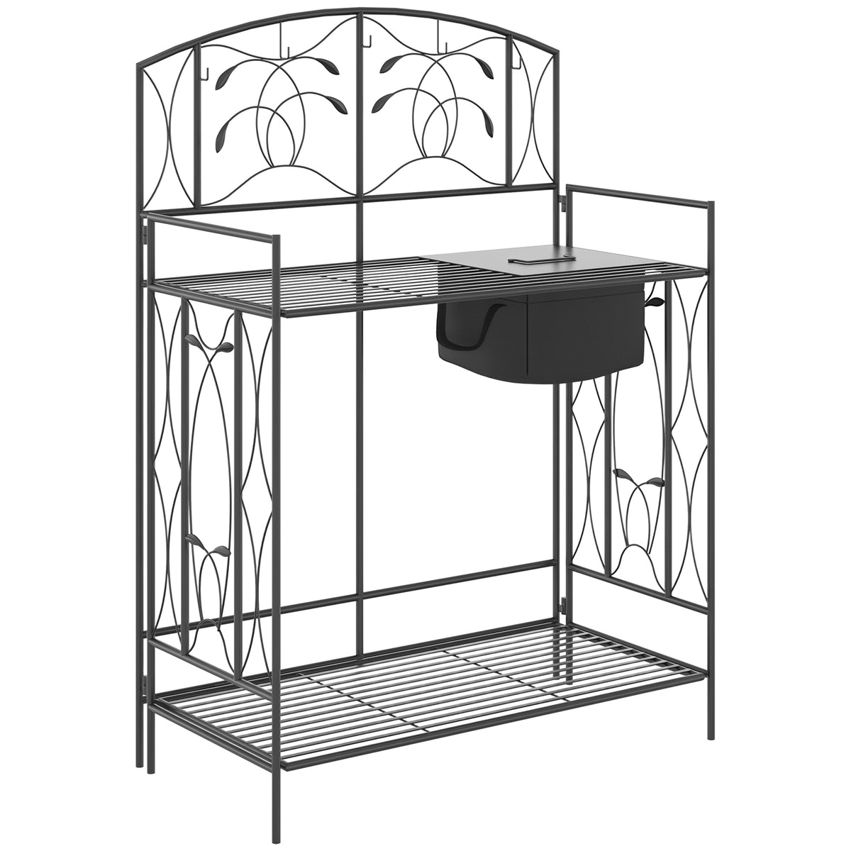 Folding Potting Bench Table, Metal Garden Workstation, Work Bench with Large Built-in Bag with Cover, 5 Hanging Hooks & Storage Shelf, Leaf Pattern