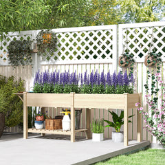 Wood Raised Garden Box, Elevated Garden Bed with Side Table, Bottom Shelf, Bed Liners and Drainage Holes, Natural