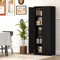 63" 2-Door Kitchen Pantry, Freestanding Cabinet with 2 Adjustable Shelves for Dining Room, Cinnamon Black Wood Grain