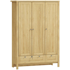 3 Doors Wardrobe Closet with 2 Drawers, Bedroom Armoire with Lockable Drawer, Hanging Rod and Storage Shelves, Natural