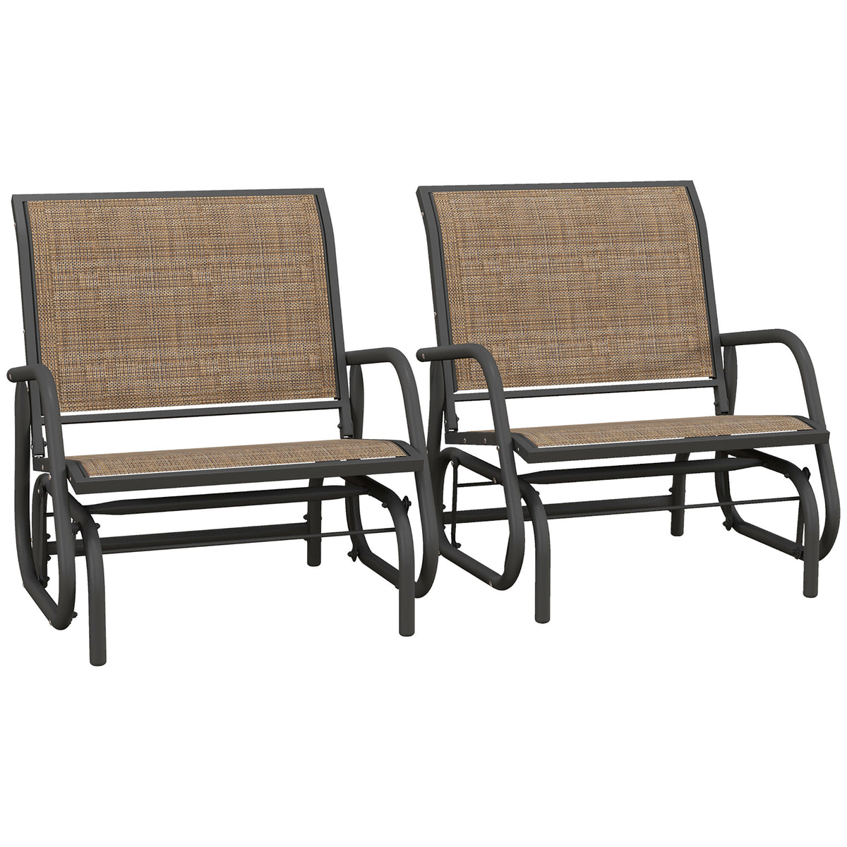 2 Pieces Outdoor Glider Chair, Steel Swing Chai with Curved Armrests for Porch, Garden, Poolside, Balcony, Mixed Brown