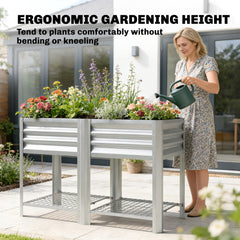 Raised Garden Bed Galvanized Steel, Elevated Planter Box with Storage Shelf, Bed Liner, 31.5" High, Silver