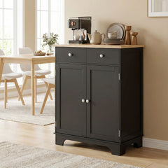 Kitchen Storage Cabinet, Sideboard Floor Cupboard with Solid Wood Top, Adjustable Shelf, and 2 Drawers, Black