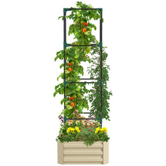 Galvanized Planter Box, 24" x 24" x 73.5" Raised Garden Bed with Tomato Cage for Climbing Vines, Cream