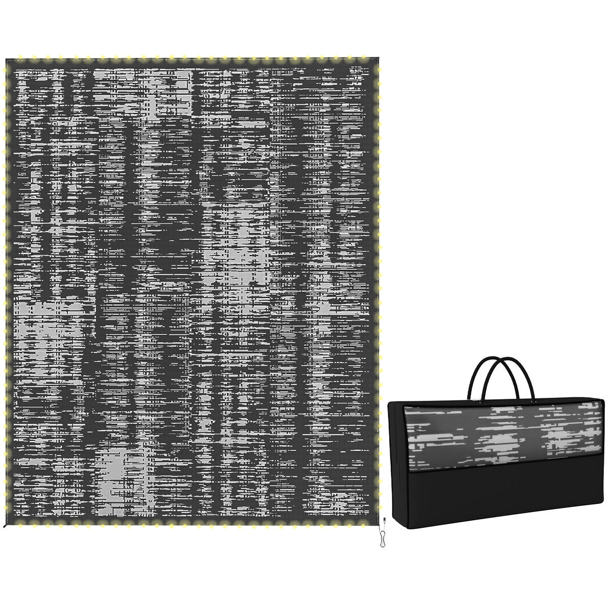 Reversible Outdoor Rug Carpet with LED Lights, Carry Bag & Ground Stakes for Backyard, Deck, Picnic, Beach, 10' x 8'